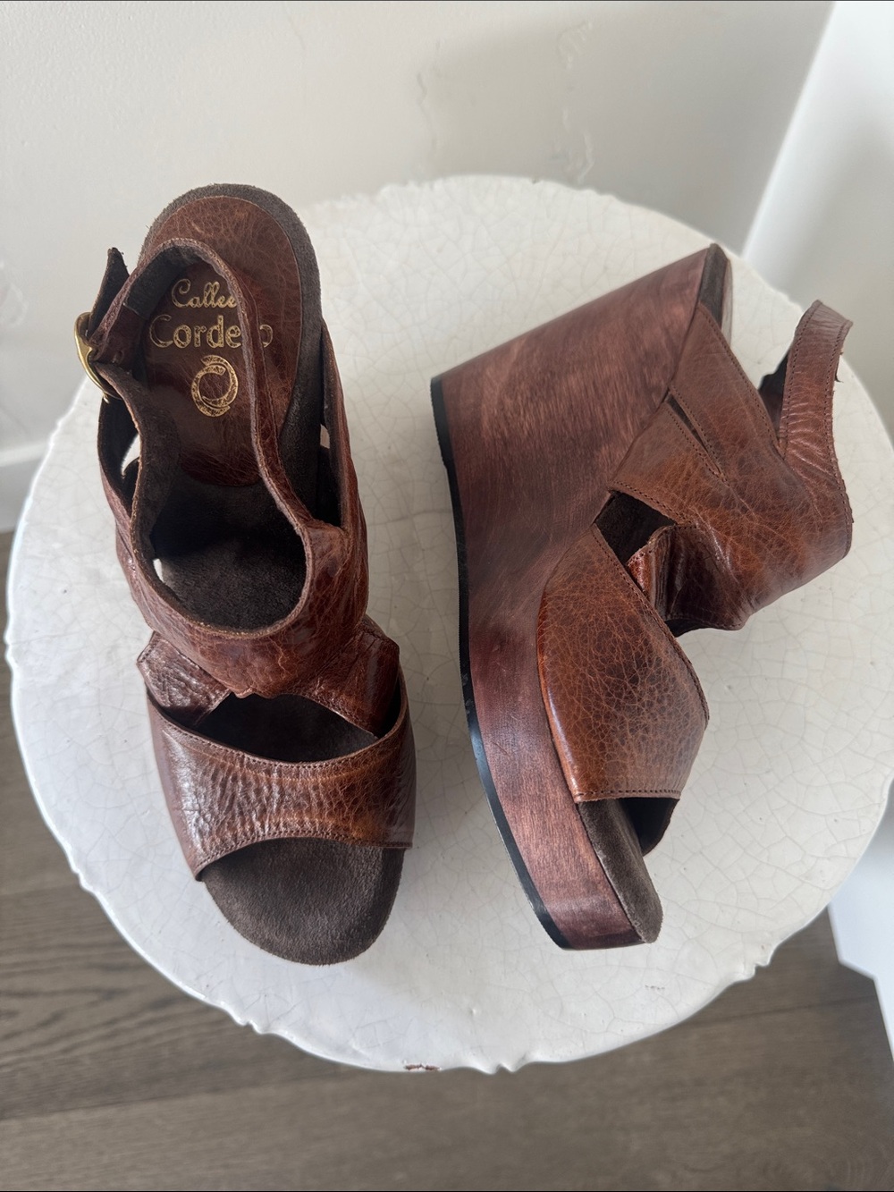 Calleen Cordero Brown Distress Leather Wedge Platform Sandals Wooden Heel Size 8